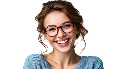 Obraz premium Radiant Smile: A captivating headshot of a cheerful woman adorned with stylish eyeglasses, her expressive eyes and bright smile radiating warmth and confidence. 