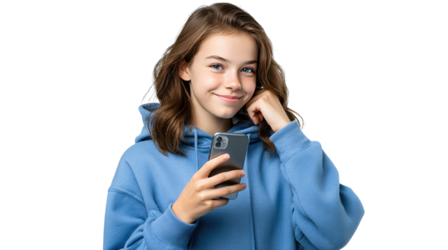 Teen Girl Engaged with Smartphone: A charming teen girl, holding a smartphone, radiates confidence with a captivating smile while connecting with the digital realm.