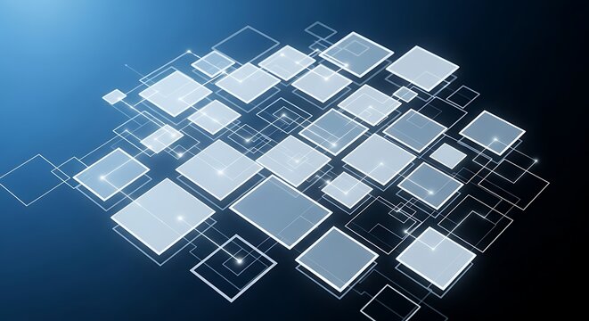 Abstract digital network of glowing squares and lines on a blue background, representing data and technology