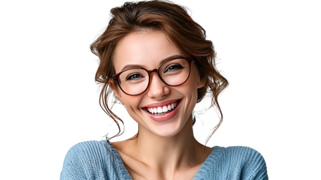 Radiant Smile: A captivating headshot of a cheerful woman adorned with stylish eyeglasses, her expressive eyes and bright smile radiating warmth and confidence. 