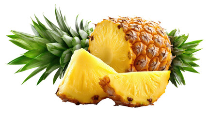 Tropical Pineapple Delight: Slices of succulent pineapple, bursting with vibrant color, offer a refreshing treat. A photorealistic composition celebrates the fresh, exotic, sweet, and inviting fruit.