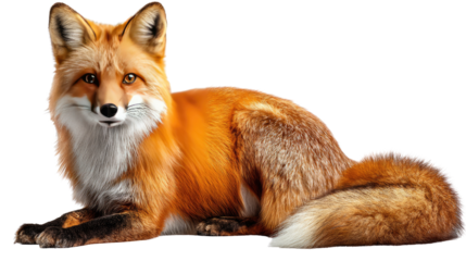 Fox Lying Down: A magnificent fox, showcasing its vibrant orange and white coat while relaxing calmly, gazing directly at the viewer. 