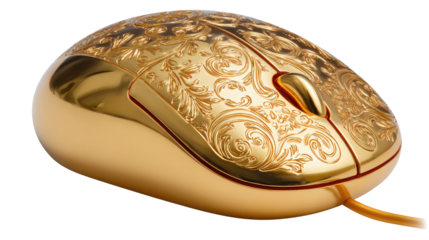 Golden Computer Mouse with Ornamented Design: An ornate, luxurious computer mouse with a polished gold finish and elegant etched pattern, suggesting sophistication and technology