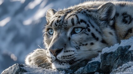 Obraz premium Snow leopard portrait close up with blue eyes wildlife photography animal feline predator winter landscape
