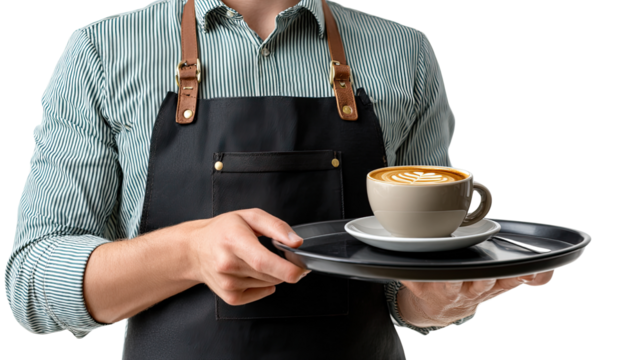 Coffee Service: A focused waiter, donning a crisp apron, presents a tray holding a steaming cup of expertly crafted cappuccino, ready to serve.