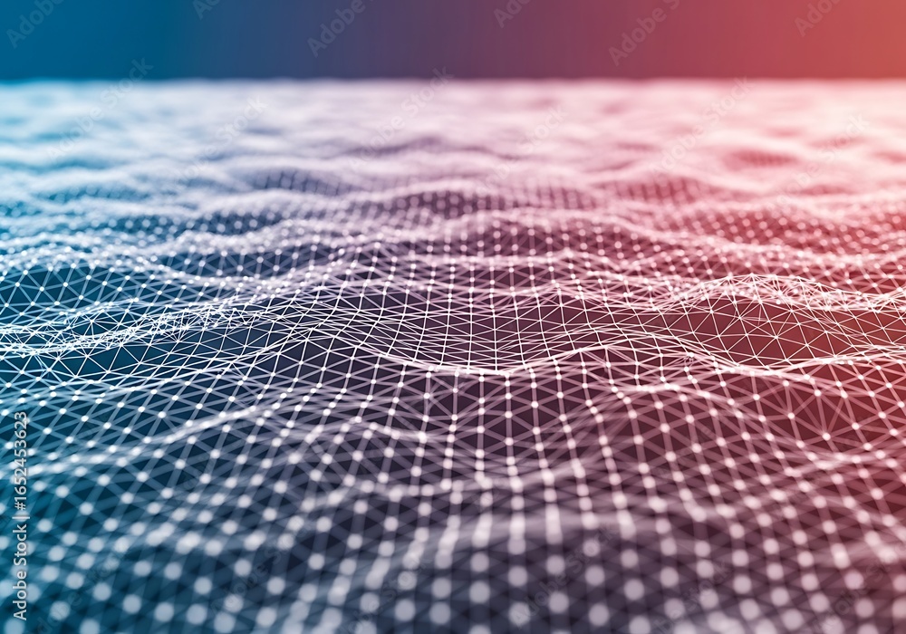 Poster abstract digital network grid with glowing particles and interconnected lines, representing data flo