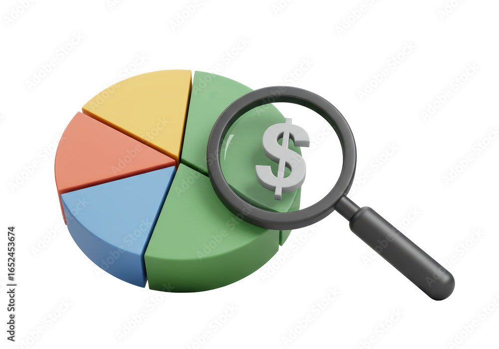 Poster isolated 3d render of magnifying glass on pie chart with dollar sign