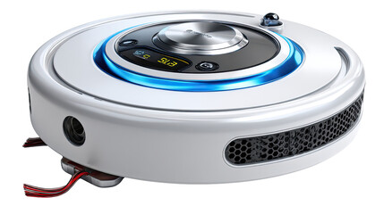Fototapeta premium Robotic Vacuum Cleaner: Sleek, modern robotic vacuum cleaner, a symbol of automated home cleanliness, captured from a dynamic angle.