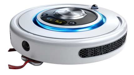 Robotic Vacuum Cleaner: Sleek, modern robotic vacuum cleaner, a symbol of automated home cleanliness, captured from a dynamic angle.