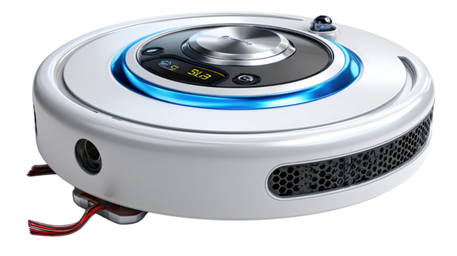 Robotic Vacuum Cleaner: Sleek, modern robotic vacuum cleaner, a symbol of automated home cleanliness, captured from a dynamic angle.