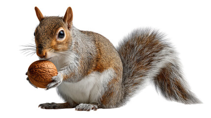 Obraz premium Curious Squirrel and a Walnut: A detailed shot of a charming gray squirrel holding a large walnut, showcasing the small creature's playful nature and connection with nature.