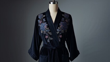 Elegant Embroidered Velvet Robe on Mannequin Luxurious Home Wear and Fashion Statement.