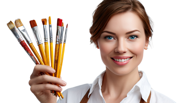 Creative expression: A smiling female artist poses proudly, showcasing her collection of paintbrushes against a bright background, symbolizing creativity and artistry.
