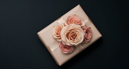 Elegant Gift Box Decorated with Roses and Ribbon on a Dark Background, Top View.