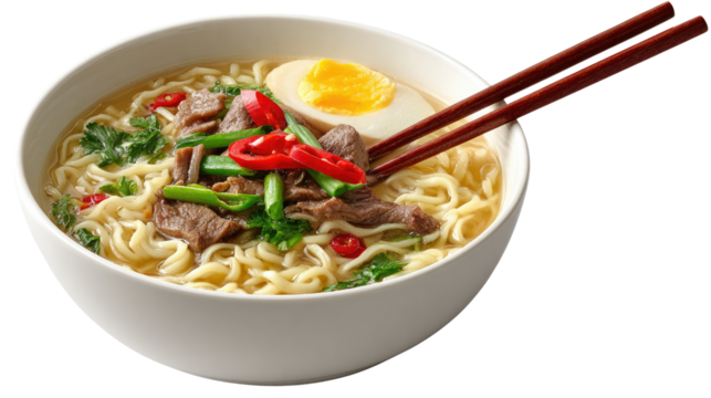 Flavorful Ramen Bowl: A mouthwatering bowl of ramen, artfully composed with noodles, tender meat, fresh herbs, and a perfectly boiled egg. Garnished with red chili peppers.