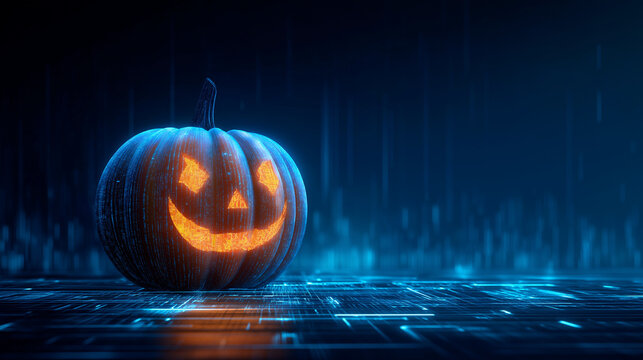 Halloween pumpkin with futuristic technology , digital light on black , blue   background