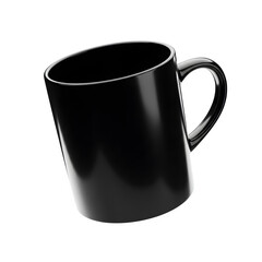 A sleek, modern 3D rendered black ceramic mug, with a glossy finish, floating elegantly isolated on white or transparent background. PNG format.