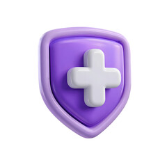 Obraz premium A modern 3D illustration of a purple shield with a white plus sign, symbolizing security and protection in technology and healthcare.