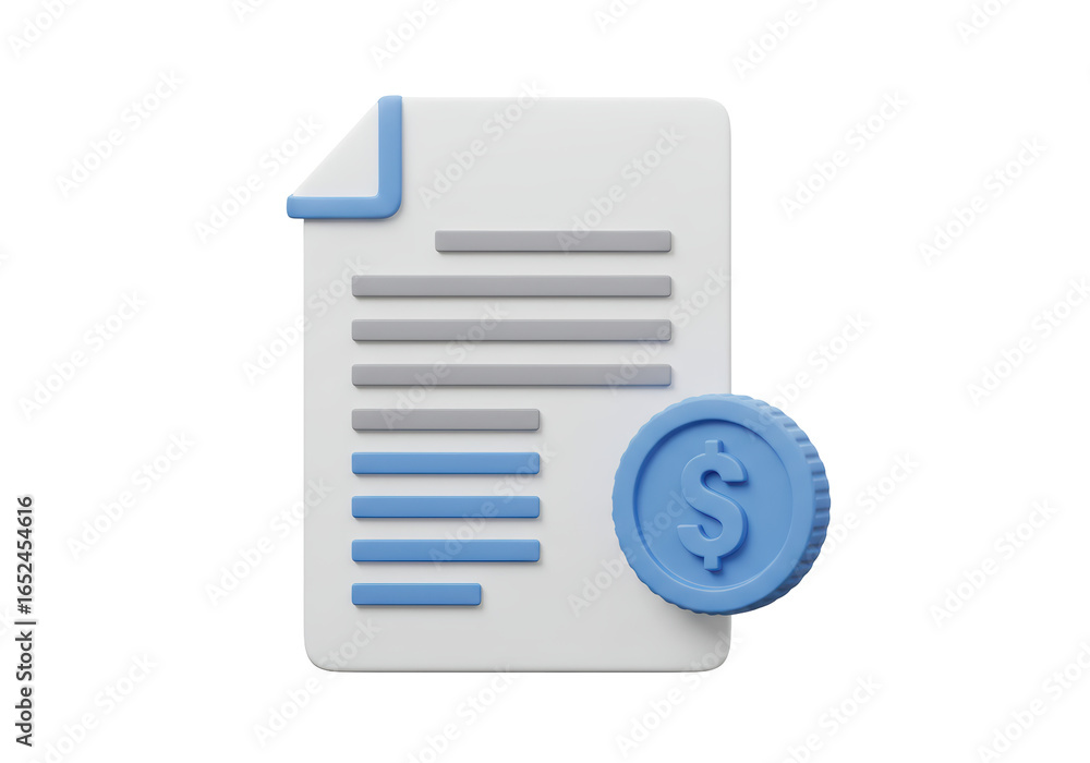 Poster isolated 3d render of financial document with dollar coin