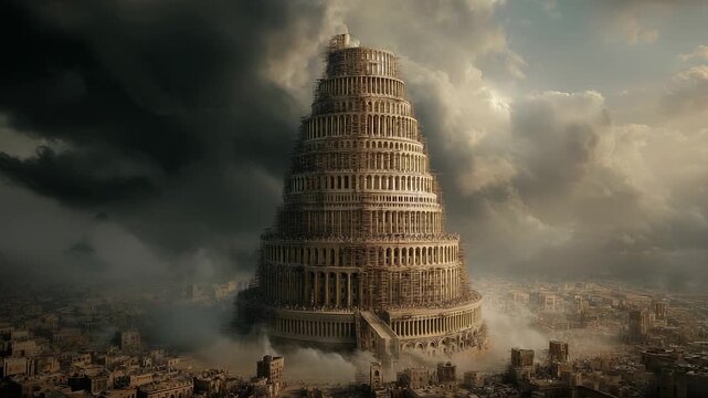 An epic ancient tower rises high above the city. the Tower of Babel. Massive structure, monumental building, surrounded by clouds and storm in the sky, an awe-inspiring vision of power, ambition