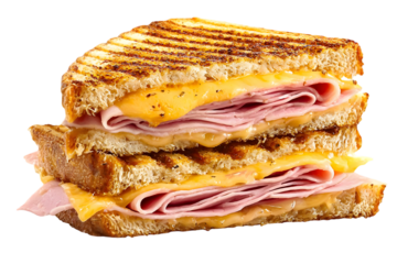 A delicious grilled sandwich stacked with melted cheese and layers of ham, perfect for a hearty lunch or a quick snack any time of day.