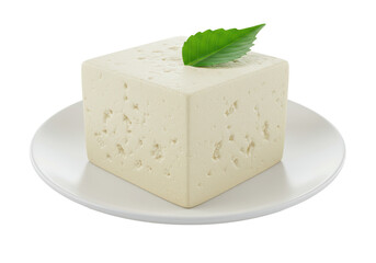 Isolated 3D Render of Tofu Block with Mint Leaf on White Plate