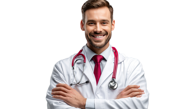 The Doctor's Confidence: A well-groomed doctor, beaming with professionalism and genuine empathy, looks directly at the viewer, radiating trust and warmth, in this striking portrait.