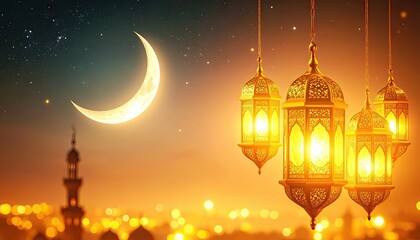 Ramadan Lanterns and Crescent Moon at Night