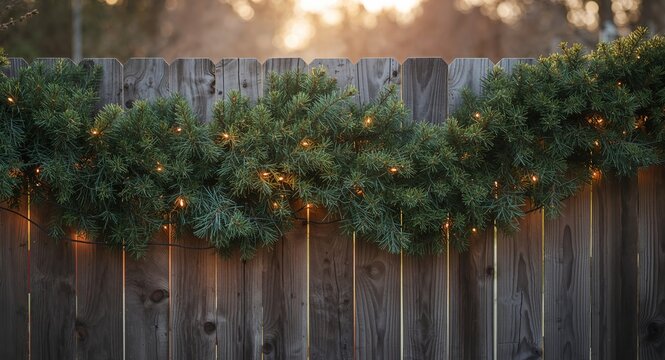 Festive Green Garland and Fairy Lights Adorning a Rustic Wooden Fence at Sunset.