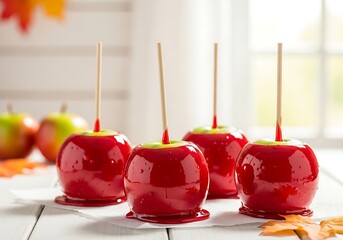 Shiny Red Candy Apples: Sweet, classic autumn treats ready for fall festivals & Halloween. Delicious glazed dessert on sticks, perfect for seasonal fun.