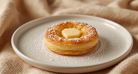 Flaky Pastry Ring with Butter and Powdered Sugar on a Plate, Close Up Shot.