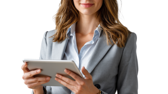 Modern Business: A contemporary businesswoman in smart business attire uses a digital tablet, embodying efficiency and innovation.