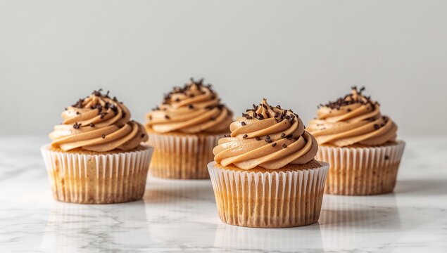 Four Delicious Cupcakes with Caramel Frosting and Chocolate Sprinkles on Marble Surface.