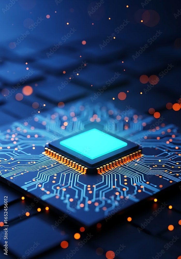Poster closeup of a glowing blue computer processor chip on a circuit board with orange lights, representin