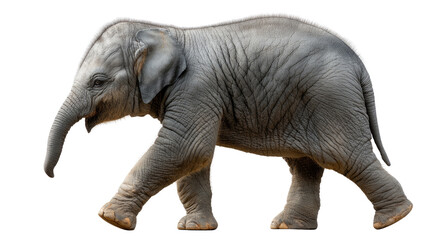 Fototapeta premium Elephant Calf on the Move: This charming image showcases a delightful young elephant, captured in a photorealistic style, as it strides forward with confident steps, ready to explore the world.