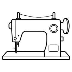 Black and white line drawing of a classic sewing machine with thread and needle