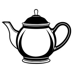 Black and white illustration of a classic teapot with a handle, spout, and lid, perfect for tea or coffee