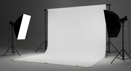 Professional studio setup with softbox lights and seamless white backdrop ready for creative shoots