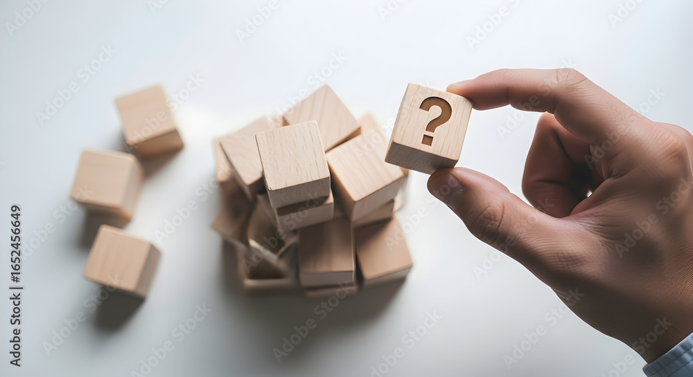 Aufkleber curious hand selects a wooden block with a question mark symbol over a pile of blocks