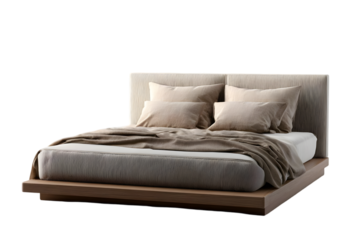 A modern, minimalist bed with a wooden frame and cozy pillows, perfect for a stylish bedroom design that promotes relaxation and comfort.