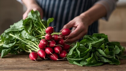 Fresh Radishes with Leaves on Wooden Surface, Prepared by Chef in Striped Apron.