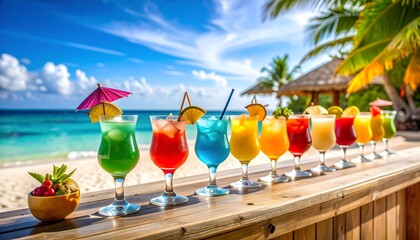 Colorful Cocktails on Beach Bar with Ocean View, Tropical Drinks and Paradise