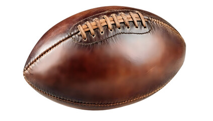 A close-up view of a vintage leather rugby ball, showcasing its textured surface and classic stitching. Perfect for sports-themed projects and promotions.