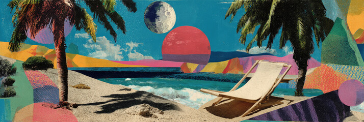 Panorama view of retro tropical beach with collage art abstract background. Generative ai.