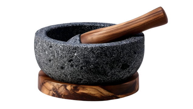 A traditional mortar and pestle made from volcanic stone and wood, ideal for grinding herbs and spices in culinary practices.