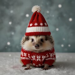 Hedgehog in a red and white sweater with a Christmas hat on its head. Merry Christmas and New Year theme.