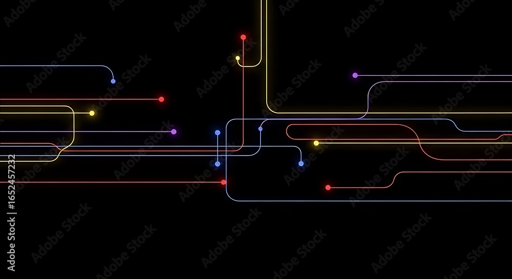 Aufkleber abstract network of colorful glowing lines and dots on a dark background, representing data flow and