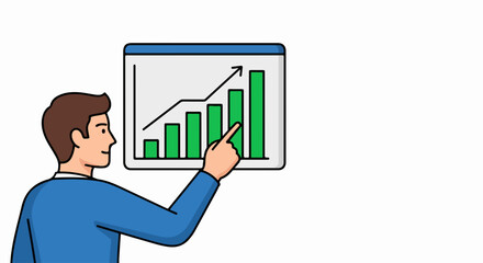 Man confidently points to rising bar graph on presentation screen, showing growth