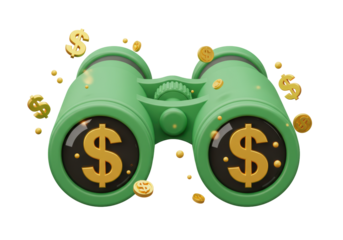 Isolated 3D Render of Green Binoculars with Gold Dollar Signs and Floating Coins