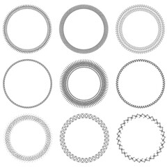 Set of 9 simple, easy-to-use black round vintage vector frames on a white background.SVG